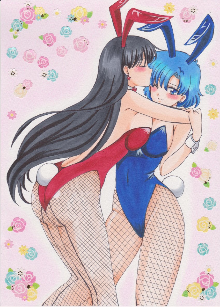 1990s_(style) 2girls absurd_res alluring ami_mizuno animal_ears arm_grab arms_around_neck ass back bad_id bare_shoulders bent_over big_breasts bishoujo_senshi_sailor_moon black_hair blue_eyes blue_hair blush bow bowtie breast_press closed_eyes couple covered_navel detached_collar earrings fake_animal_ears female_focus fishnet_pantyhose fishnets floral_background flower friends high_res hugging jewelry kissing kissing_forehead leaning leaning_forward legs long_hair multiple_girls pantyhose playboy_bunny rabbit_ears rabbit_tail rascal_(n119) rei_hino sailor_mars sailor_mercury short_hair sideboob skin_tight smile standing star_(symbol) star_earrings symmetrical_docking tail wince wrist_cuffs yuri