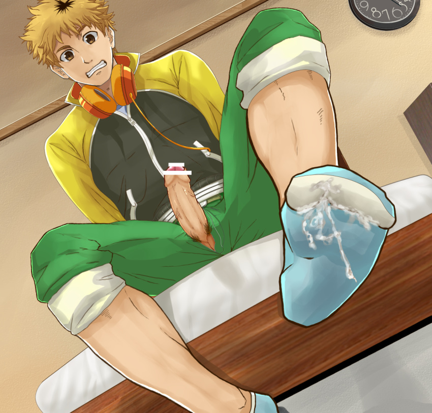 10s 1boy bar_censor blonde_hair brown_eyes cum cum_on_feet erection feet foreskin headphones headphones_around_neck letterman_jacket male male_focus male_only multicolored_hair nagachika_hideyoshi penis pov_feet pubic_hair socks solo tokyo_ghoul two-tone_hair