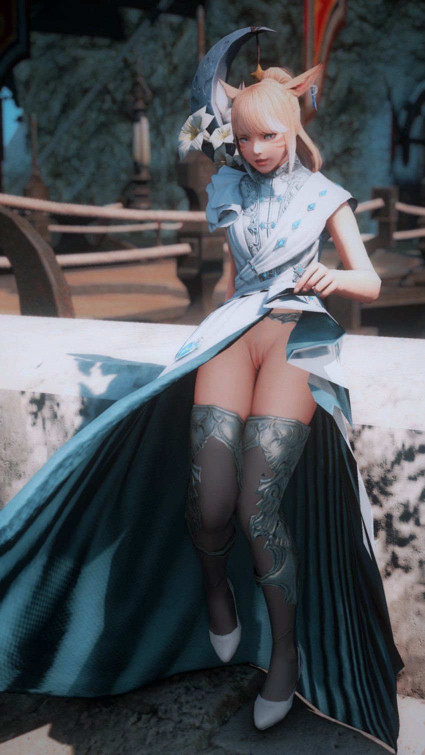 blonde_hair blonde_hair catgirl dress dress_lift dress_up exposed_pussy final_fantasy final_fantasy_xiv healer miqo'te thigh_boots