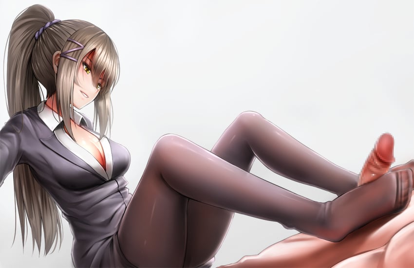 1boy ayanokouji_kiyotaka black_legwear breasts brown_hair censored chabashira_sae classroom_of_the_elite cleavage dress feet female footjob footjob_with_legwear full_body ginhaha legs long_hair long_ponytail medium_breasts no_shoes pantyhose penis ponytail simple_background sitting solo_focus straight youkoso_jitsuryoku_shijou_shugi_no_kyoushitsu_e