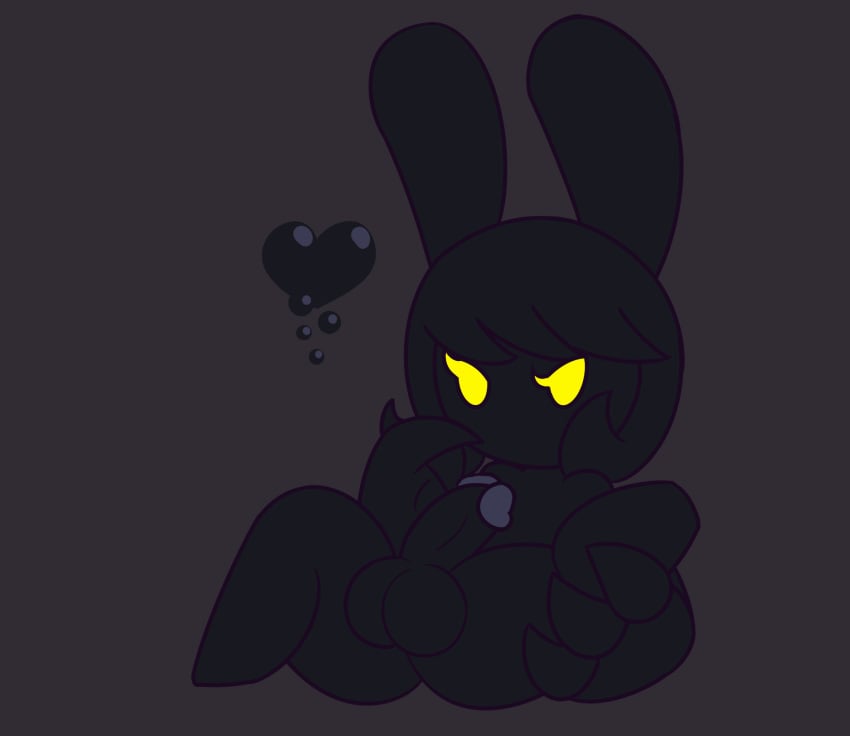 balls black_balls black_penis black_skin glowing glowing_eyes grey_background heart humanoid_penis lagomorph lying male mammal penis presenting rabbit shadow simple_background solo yellow_eyes zaldenvire