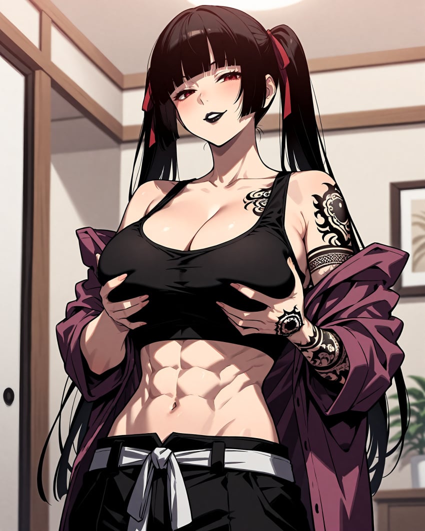 1girls athletic_female belt big_breasts black_hair black_lipstick black_pants black_topwear female hime_cut muscular_female naughty_expression naughty_smile open_shirt pale_skin red_eyes red_ribbons seductive_pose shiny_skin smirking_face solo_leveling tawata_kanae tribal_tattoos voluptuous voluptuous_female