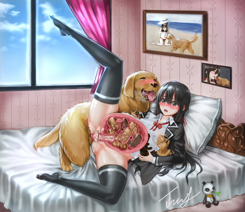 1girls bed black_hair breastfeeding breastfeeding_during_sex breasts canine clothing cross_section cum female fetus huge_belly human_mother_baby_animal interspecies interspecies_pregnancy long_hair male my_teen_romantic_comedy_snafu open_mouth penetration penis pregnant puppy pussy ready_to_pop sex size_difference spread_legs stockings umbilical_cord uterus vaginal_penetration x-ray yukinoshita_yukino zoophilia