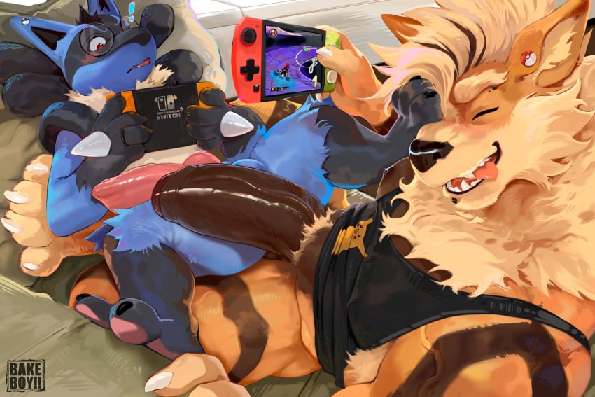 2025 absurd_res anthro anthrofied arcanine bakemonoy blue_body blue_fur canid canine duo erection eyewear fur generation_1_pokemon generation_4_pokemon genitals glasses hi_res lucario male male/male mammal nintendo nintendo_switch orange_body orange_fur penis pokemon pokemon_(species) red_eyes