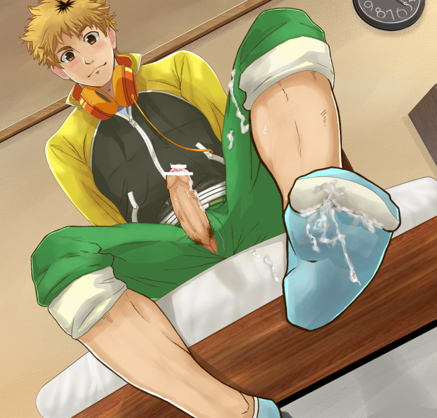 10s 1boy bar_censor blonde_hair blush brown_eyes cum erection foreskin headphones headphones_around_neck letterman_jacket male male_only multicolored_hair nagachika_hideyoshi penis pubic_hair socks tokyo_ghoul two-tone_hair