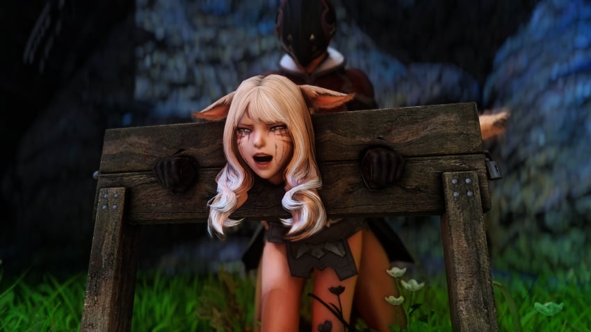 bent_over blonde_hair blonde_hair captured captured_heroine catgirl final_fantasy final_fantasy_xiv from_behind from_behind_position heroine_in_trouble mascara mascara_tears miqo'te pillory rape raped raped_by_enemy stockade tears