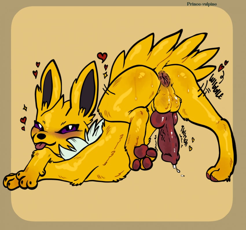 anus ass ass_up eeveelution feral fur generation_1_pokemon genitals hi_res jolteon knot looking_at_viewer male nintendo penis pokemon pokemon_(species) presenting presenting_anus prince-vulpine purple_anus purple_eyes purple_knot purple_penis solo yellow_body yellow_fur