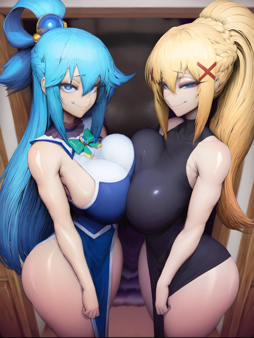 2girls ai_generated aqua_(konosuba) aqua_eyes big_ass big_breasts blonde_hair blue_eyes blue_hair breast_press darkness_(konosuba) dress femdom full_body grin hair_ornament kono_subarashii_sekai_ni_shukufuku_wo! large_breasts light-skinned_female light_skin long_dress long_hair looking_at_viewer mayyreel ponytail smile thick_ass thick_legs thick_thighs tight_clothing