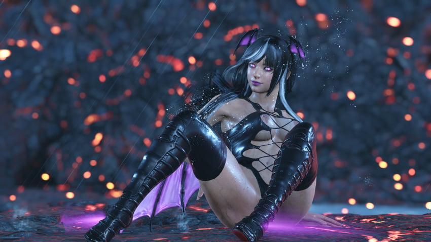 black_hair exposed_breasts ling_xiaoyu long long_hair nipples revealing_clothes sitting succubus_wings tekken tekken_8 wet_skin