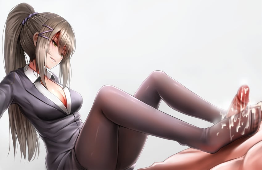 >:) 1boy ayanokouji_kiyotaka black_legwear black_skirt breasts chabashira_sae classroom_of_the_elite cleavage clothed_female_nude_male cum cum_on_body cum_on_feet cum_on_lower_body feet female footjob footjob_with_legwear formal ginhaha grey_hair hair_ornament hair_scrunchie hairclip long_hair long_sleeves medium_breasts no_shoes nude office_lady pantyhose parted_lips ponytail scrunchie sidelocks skirt skirt_suit smile solo_focus suit toes yellow_eyes youkoso_jitsuryoku_shijou_shugi_no_kyoushitsu_e