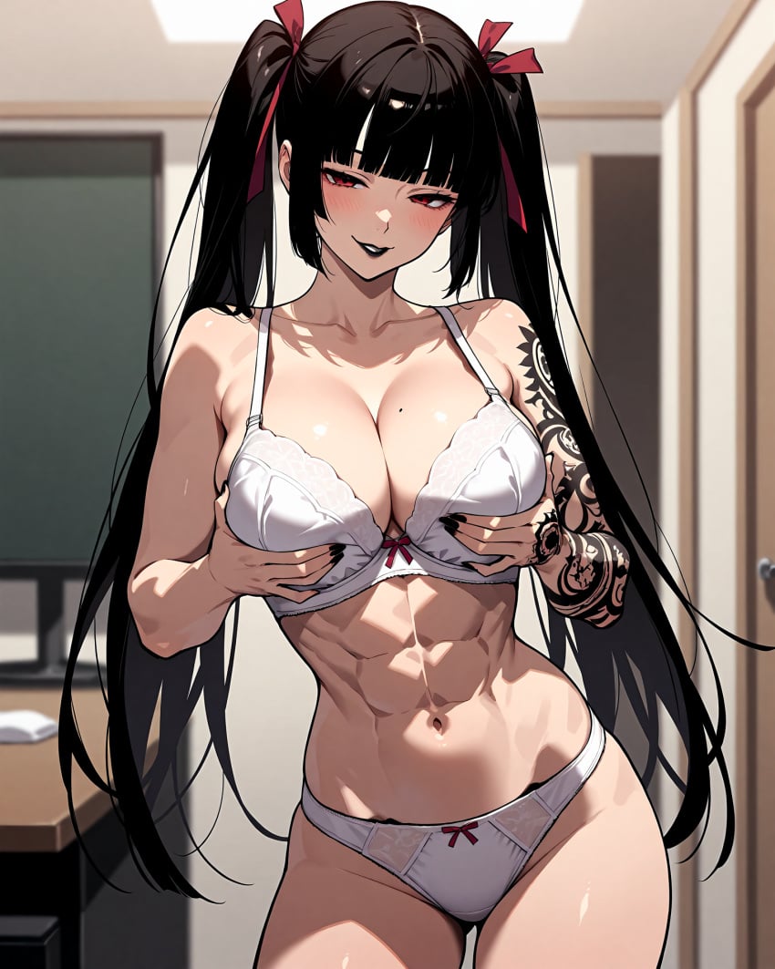 1girls ai_generated athletic_female big_breasts black_hair black_lipstick female hime_cut long_twintails muscular_female naughty_expression naughty_smile open_shirt pale_skin ponchoman red_eyes red_ribbons seductive_pose shiny_skin smirking_face solo_leveling tawata_kanae tribal_tattoos twintails voluptuous voluptuous_female white_bra white_panties white_underwear