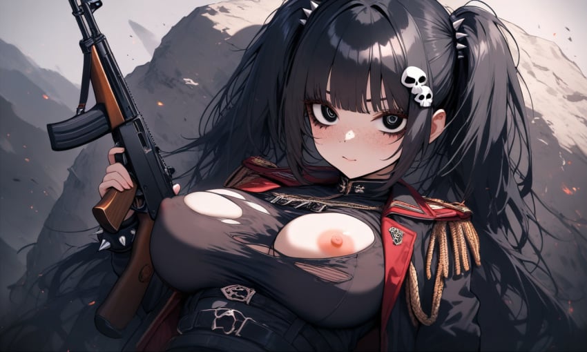 1girls ai_generated ak-47 big_breasts black_eyes black_hair breasts female female_only freckles goth goth_girl gun holding_gun light-skinned_female military military_girl military_uniform nipples ripped_clothing ripped_shirt skull_hair_ornament spiked_bracelet staring_at_viewer twintails yui_chan