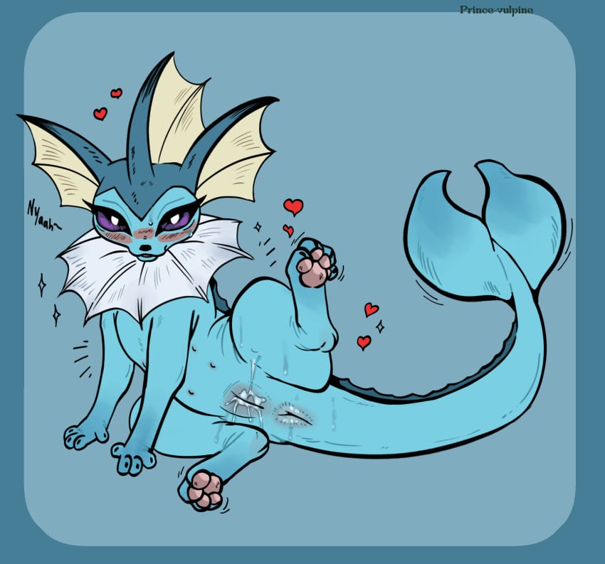 anus blue_body blush bodily_fluids eeveelution female feral fin generation_1_pokemon genital_fluids genitals hi_res humanoid_genitalia humanoid_pussy looking_at_viewer mammal multi_nipple nintendo nipples nude pawpads paws pokemon pokemon_(species) prince-vulpine pussy simple_background smile solo tail vaporeon