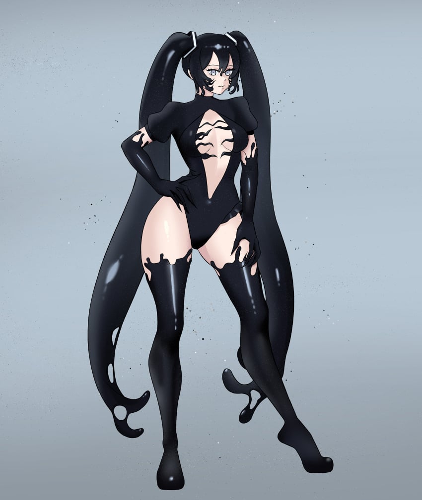 black_hair black_legwear elbow_gloves female hatsune_miku long_hair marvel pindoragon solo solo_female stockings symbiote twintails venom vocaloid white_eyes