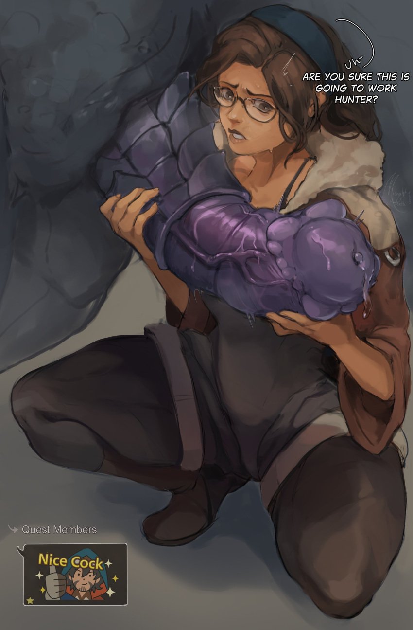 absurdres alma_(monster_hunter_wilds) brown_eyes brown_hair brown_jacket english_commentary english_text female glasses hairband highres huge_cock jacket long_hair midnight_teeth midnightteeth monster monster_hunter_(series) monster_hunter_wilds on_one_knee penis precum uncensored veins veiny_penis