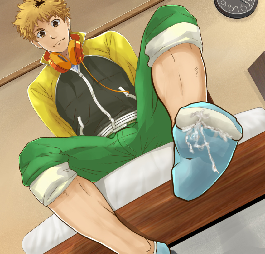 10s 1boy blonde_hair brown_eyes headphones headphones_around_neck letterman_jacket male multicolored_hair nagachika_hideyoshi socks tokyo_ghoul two-tone_hair