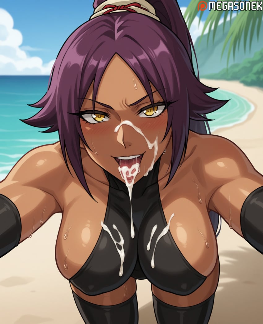 ai_generated beach black_leotard black_thighhighs bleach blush breasts cum cum_in_mouth cum_on_body cum_on_breasts cum_on_tongue dark-skinned_female dark_skin day elbow_gloves facial female gloves large_breasts leotard long_hair looking_at_viewer megasonek ocean open_mouth outdoors patreon_username ponytail purple_hair shihouin_yoruichi shihouin_yoruichi sideboob sky smile solo sweat thighhighs tongue tongue_out watermark yellow_eyes