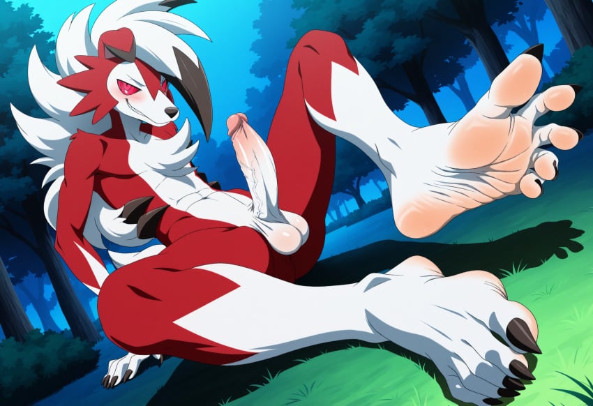 ai_generated anthro background balls black_toenails claws feet foot_fetish fuealahomg fur furry furry_only high_resolution highres lycanroc male_only muscles muscular muscular_male painted_toenails penis pink_soles pokemon pokemon_(species) red_eyes red_fur shy smile smiling_at_viewer soles soles_fetish solo solo_male sweat sweatdrop sweating sweaty_soles tagme toe_claws toenail_polish toenails toes white_fur wolf wolf_ears wolf_humanoid wrinkled_soles