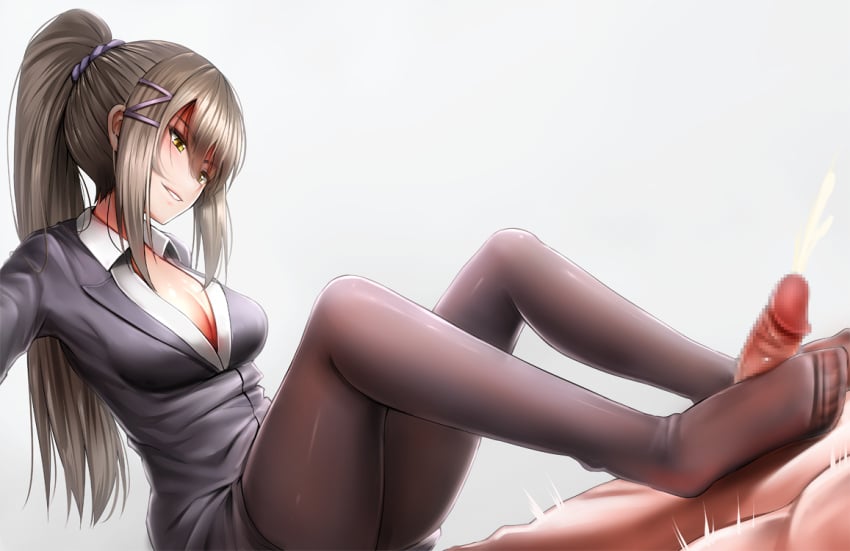 >:) 1boy ayanokouji_kiyotaka black_legwear black_skirt breasts chabashira_sae classroom_of_the_elite cleavage clothed_female_nude_male cum ejaculation female footjob footjob_with_legwear formal ginhaha grey_hair hair_ornament hair_scrunchie hairclip long_hair long_sleeves medium_breasts nude office_lady pantyhose parted_lips ponytail scrunchie sidelocks skirt skirt_suit smile solo_focus suit yellow_eyes youkoso_jitsuryoku_shijou_shugi_no_kyoushitsu_e