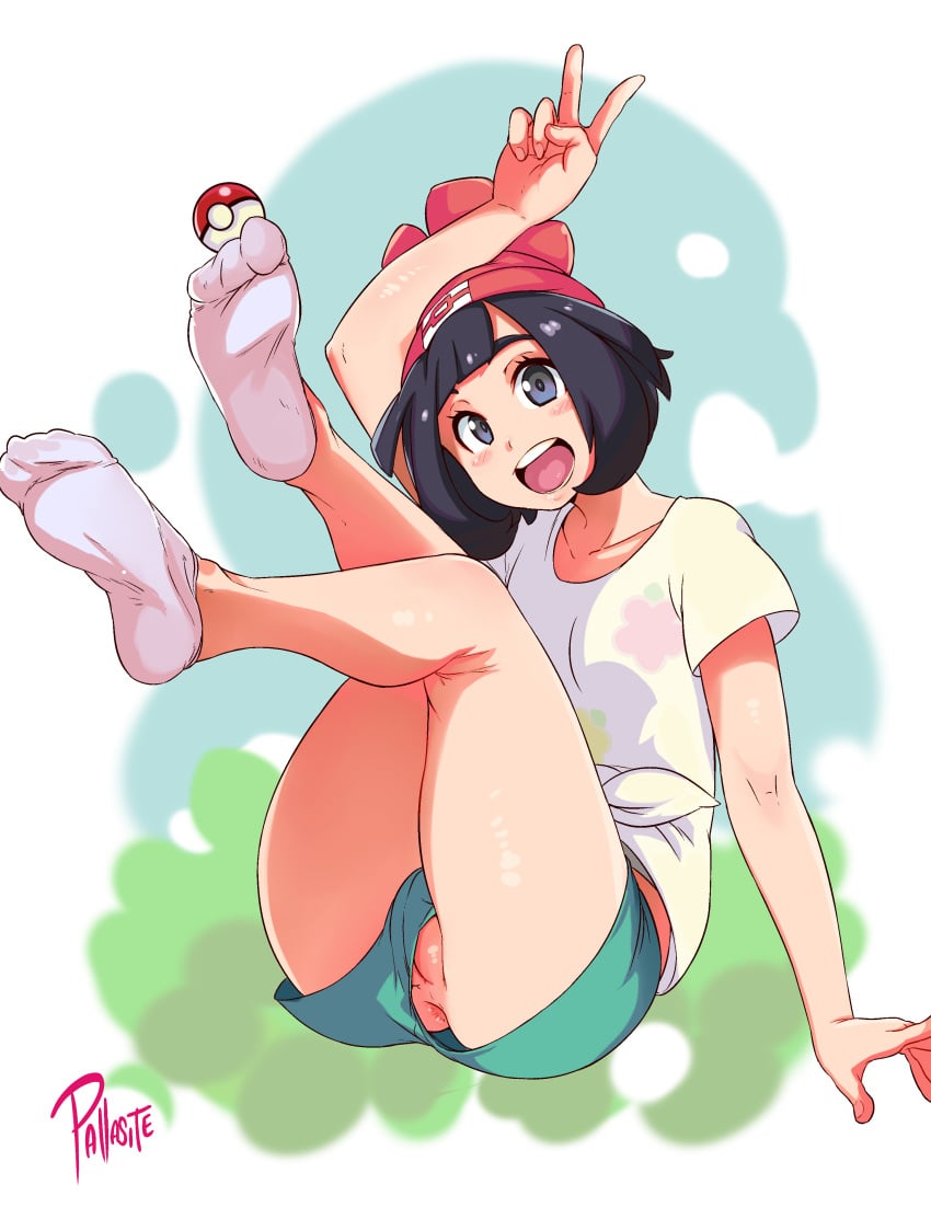 ankle_socks anklehighs anus ass black_hair blush feet female female_only gesture happy hat human human_only legs nintendo no_panties no_shoes open_mouth pallasite poke_ball pokemon pokemon_sm pussy selene_(pokemon) short_hair shorts smile socks soles toes v white_socks