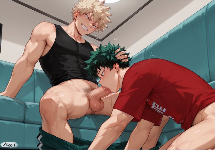 1ace1 2boys ai_generated bakugou_katsuki balls blowjob boku_no_hero_academia deku fellatio gay gay_blowjob gay_domination giving_head holding_head izuku_midoriya katsuki_bakugou male male/male male_only maledom malesub midoriya_izuku my_hero_academia oral penis pubic_hair shorts_down tank_top yaoi