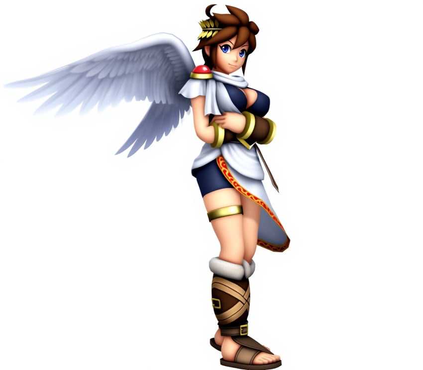 1girls 3d ai_generated angel angel_wings blue_eyes breasts brown_hair genderswap_(mtf) kid_icarus large_breasts nintendo pit_(kid_icarus) rule_63