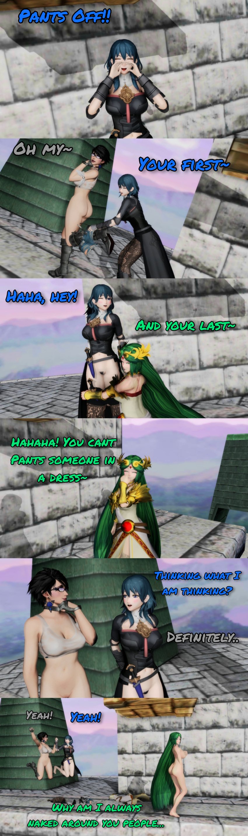 3d 3girls armor ass bayonetta bayonetta_(character) black_hair blue_hair blush booty bottomless bottomless_female breasts byleth_(fire_emblem) byleth_(fire_emblem)_(female) comic completely_naked completely_naked_female completely_nude completely_nude_female covering_breasts covering_crotch enf4life9 female female_focus female_only fire_emblem glasses green_hair kid_icarus looking_back naked naked_female nintendo nude nude_female palutena pants_down pantsed pantsing partially_clothed partially_naked partially_nude pubic_hair pussy sega short_hair sideboob super_smash_bros. undershirt vagina