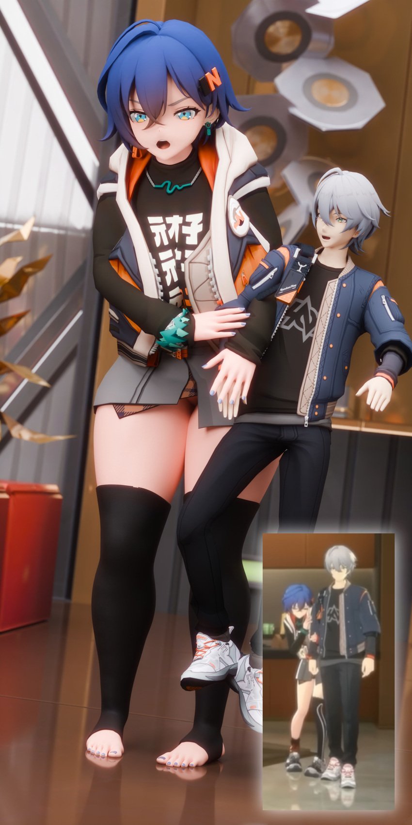 3d 3d_(artwork) belle_(zenless_zone_zero) blue_hair blue_hair_female brother_and_sister extrathic female giantess gray_hair gray_hair_male grey_hair grey_hair_male height_difference hoyoverse male mihoyo mini_giantess overprotective protective size_difference thick_thighs thighs video_game_character wise_(zenless_zone_zero) zenless_zone_zero