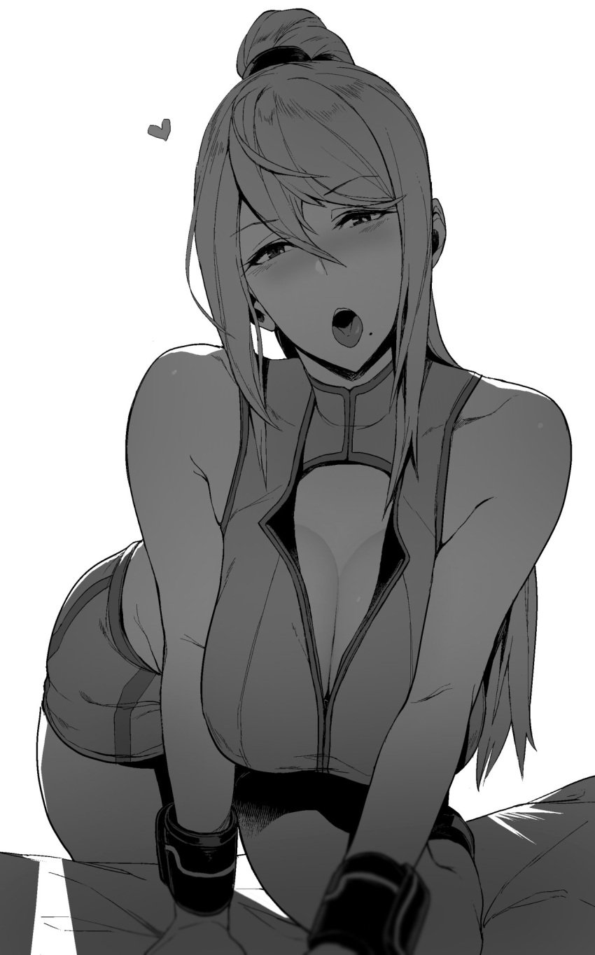 blush breasts female greyscale highres large_breasts long_hair looking_at_viewer messatsu_tan metroid mole mole_under_mouth monochrome open_mouth ponytail samus_aran solo