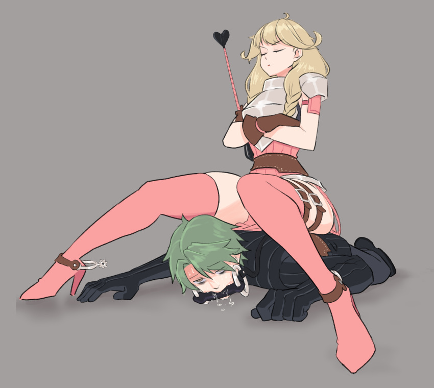 1boy 1girls alm_(fire_emblem) armada971 bare_arms bare_thighs bit_gag bondage bound brown_hair faye_(fire_emblem) femdom fire_emblem fire_emblem_echoes:_shadows_of_valentia gag green_hair grey_background high_heels long_hair malesub nintendo pelvic_curtain petplay ponyplay restrained riding riding_on_back sitting sitting_on_person sitting_on_sub slave source_request thighhighs thighs