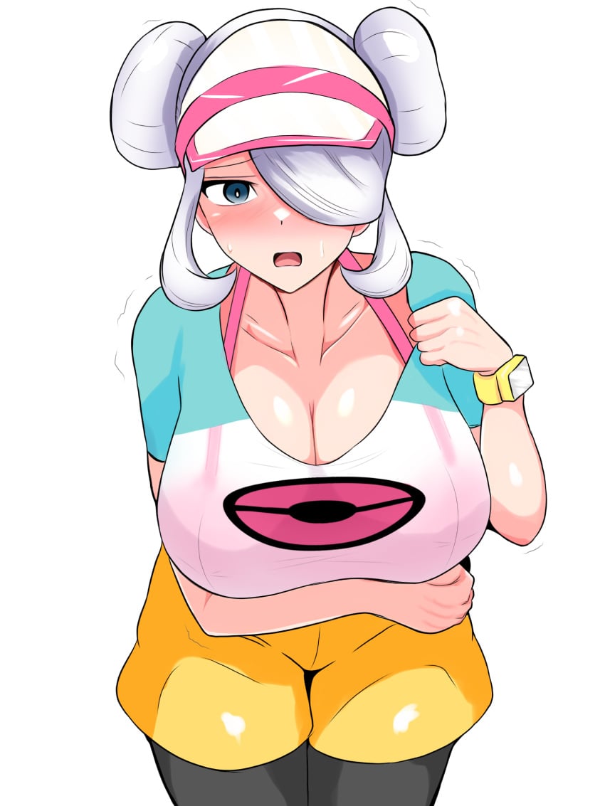 1girls armwear big_breasts black_eyes blush bra breasts clothing cogita_(pokemon) cosplay double_bun enbitonbi female female_only game_freak hair hair_bun hair_over_one_eye hat headwear huge_breasts mature mature_female mature_woman milf pink_bra pokemon pokemon_bw pokemon_legends:_arceus rosa_(pokemon)_(cosplay) solo solo_female visor watch white_hair