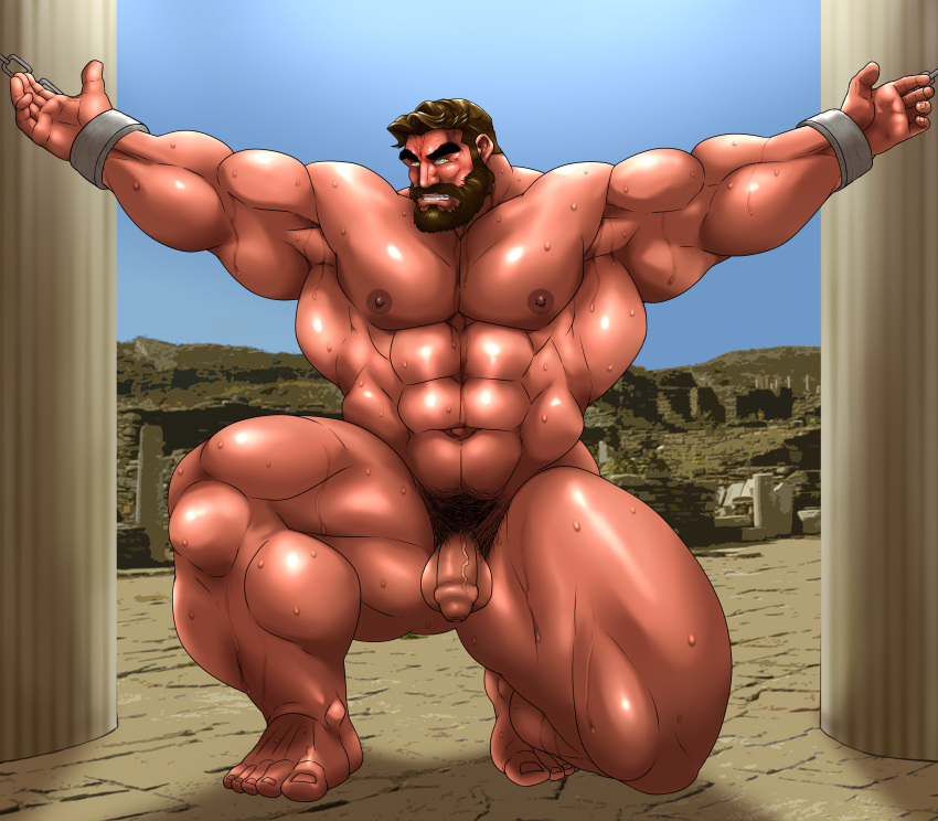 balls bara beard facial_hair flaccid greek_mythology hercules hitenmaru male male_only muscles muscular mythology nude on_one_knee penis solo solo_male sweat sweating