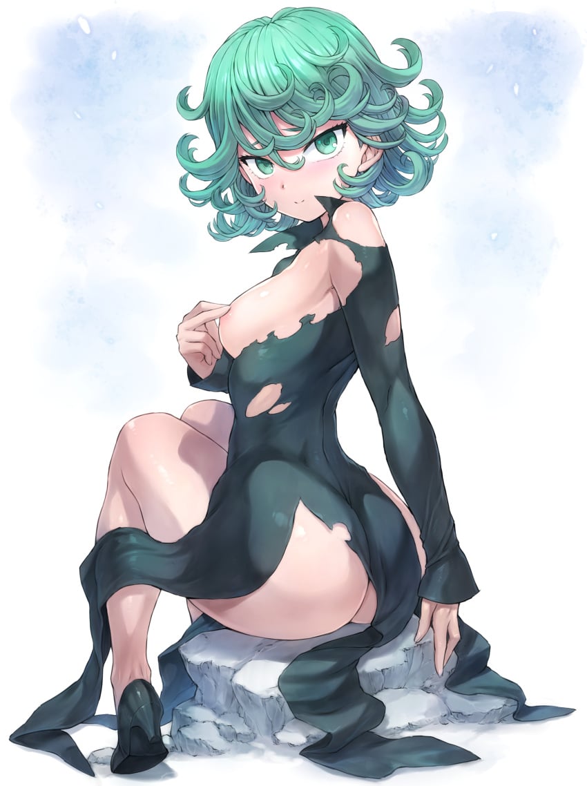 1girls ass breasts covering_nipple dress female female_only green_eyes green_hair looking_at_viewer looking_back mogudan one-punch_man small_breasts solo tatsumaki thighs torn_clothes torn_dress