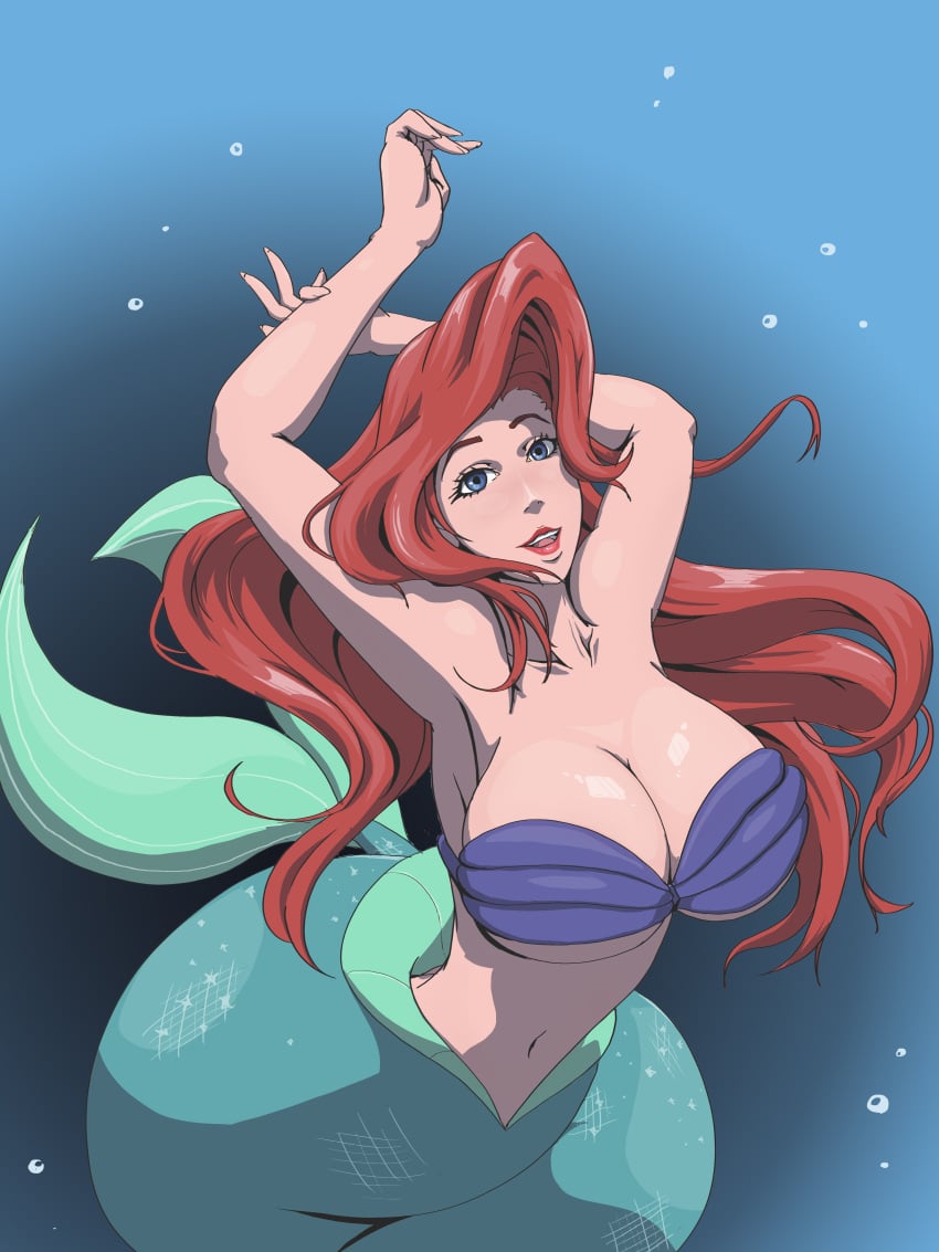 1girls ariel ariel_(the_little_mermaid) armpits blue_eyes breasts cleavage disney disney_princess female huge_breasts long_hair looking_at_viewer mermaid red_hair seashell_bra the_little_mermaid underwater wanderagro893