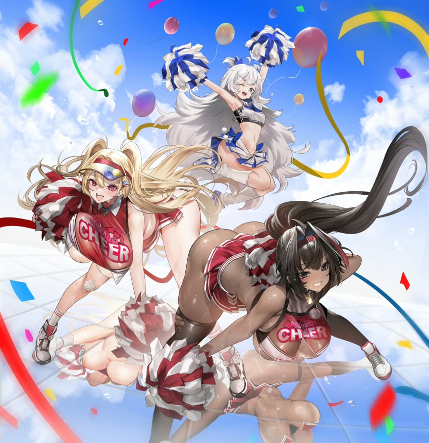 3girls absurdres arms_up ass bare_shoulders bay_(nikke) blonde_hair blue_eyes blue_sky blush breasts brown_eyes brown_hair cheerleader clay_(nikke) confetti dark-skinned_female dark_skin day goddess_of_victory:_nikke grey_hair grin highres huge_breasts large_breasts leaning_forward long_hair looking_at_viewer multiple_girls navel one_eye_closed open_mouth outdoors poli_(cheer_up_police)_(nikke) poli_(nikke) pom_pom_(cheerleading) ponytail red_eyes reflection revision skirt sky small_breasts smile solo teddy_(khanshin) unaligned_breasts very_long_hair