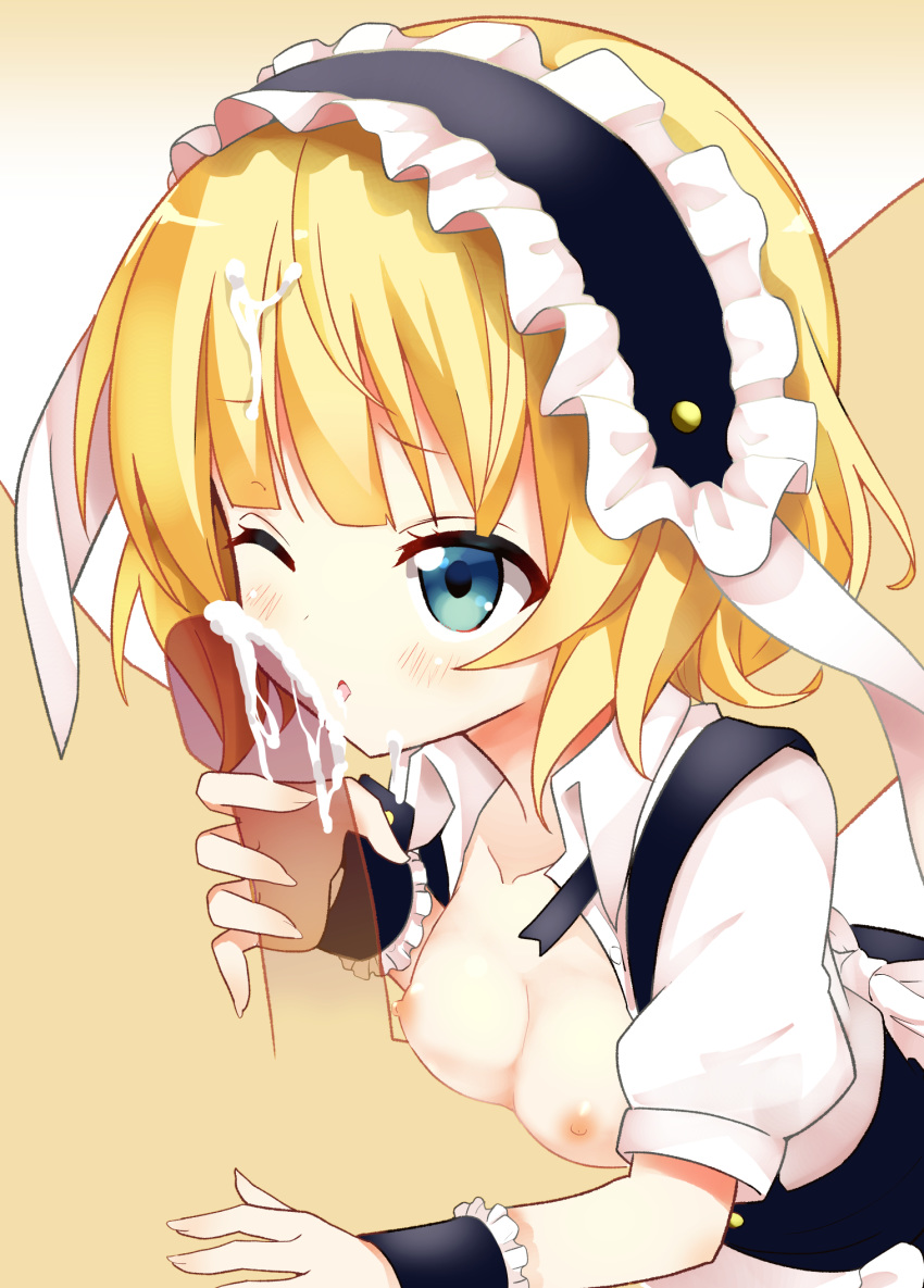 1boy blonde_hair blue_eyes blush breasts cum facial fellatio female gochuumon_wa_usagi_desu_ka? kirima_sharo maid maid_headdress nanakusa_(user_rnpt7322) nipples oral small_breasts wink