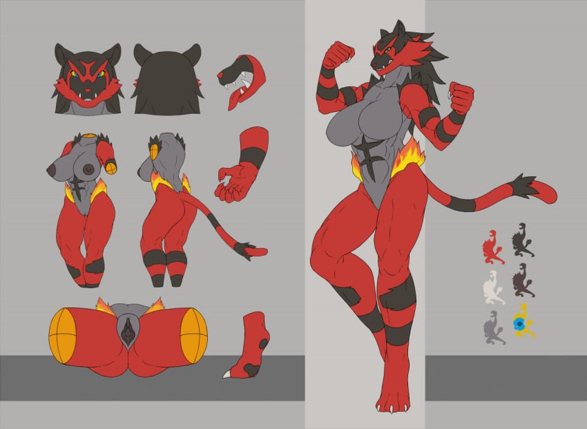 1girls anthro big_breasts black_fur black_nipples black_pussy blue_eyes breasts clitoris fangs feline female_incineroar furry incineroar link2004 nipples pokemon pokemon_(species) pussy red_fur red_nose reference_sheet solo solo_female vagina