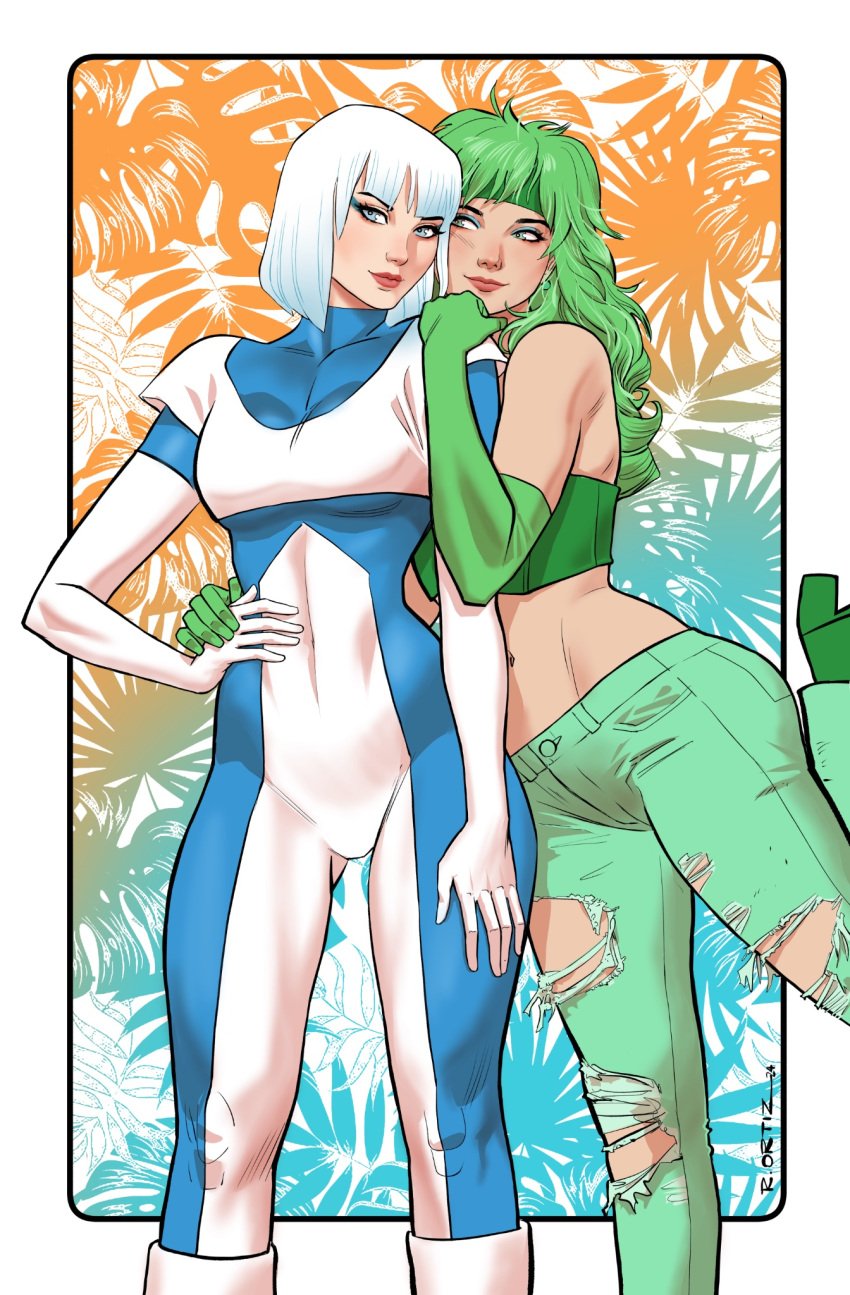 2girls artist_signature beatriz_da_costa blue_eyes dc dc_comics fire_(dc) fit_female gloves green_eyes green_hair headband ice_(dc) light-skinned_female light_skin richard_ortiz ripped_jeans superheroine tight_clothing tora_olafsdotter white_hair