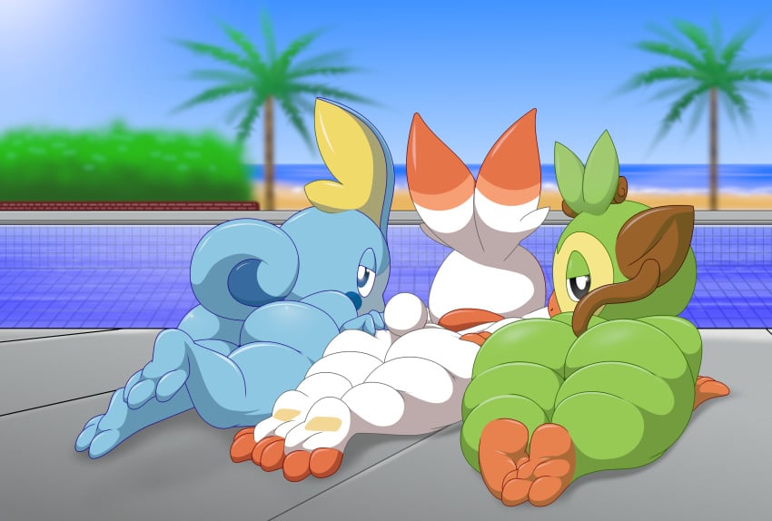 absurd_res adeviantcritter ambiguous_gender ass beach blue_body generation_8_pokemon green_body grookey group haplorhine hi_res lagomorph looking_at_viewer mammal monkey nintendo nude plant pokemon pokemon_(species) pool primate scalie scorbunny short_stack sobble trio water white_body