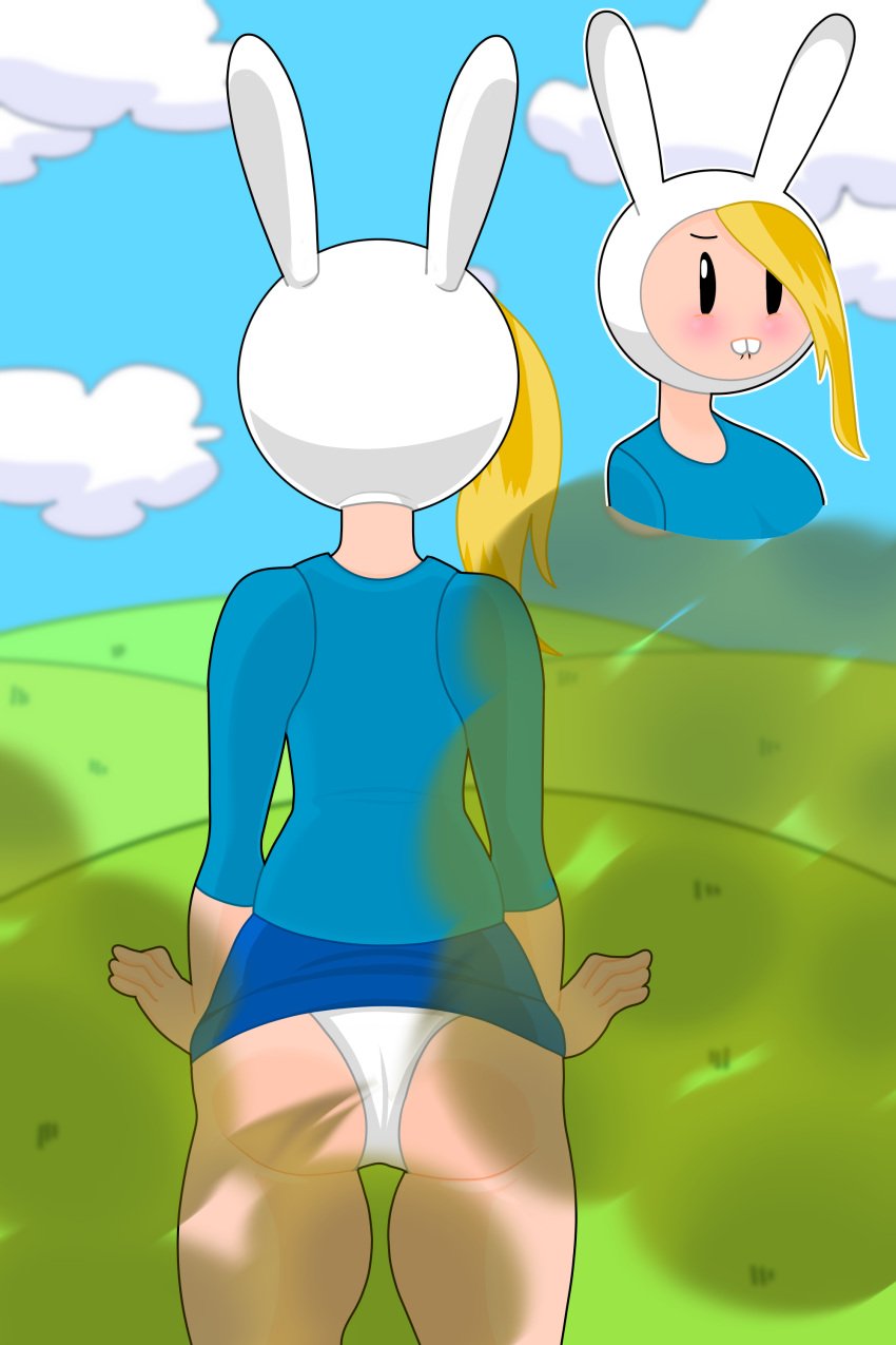 adventure_time ass ass_focus biting_lip blonde_hair blue_shirt blue_skirt bunny_ears embarrassed fart fart_fetish fionna_the_human_girl grass hat in_public outside panties smell smelly stinkify white_hat white_panties