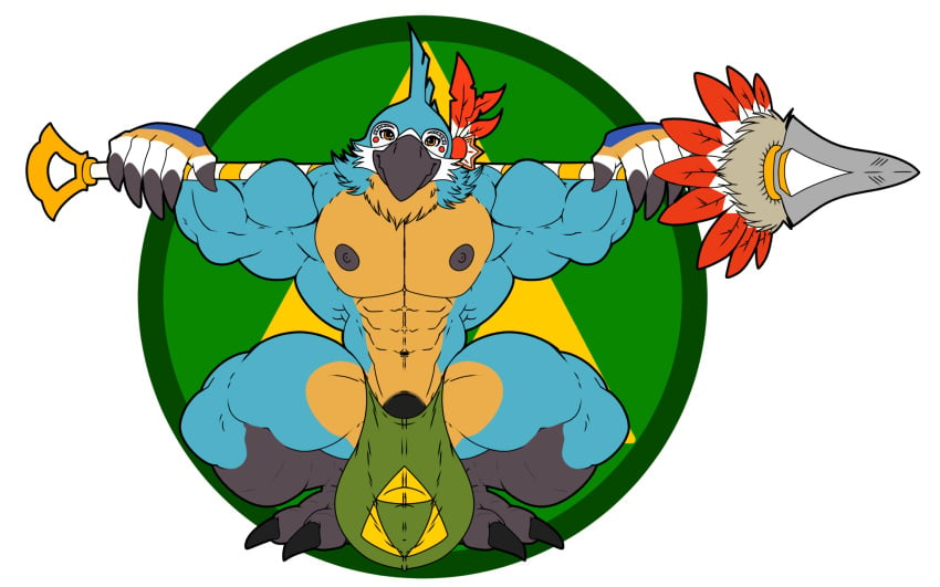 2024 abs anthro avian barefoot barely_contained breath_of_the_wild bulge clothed clothing darius_leodragon feet genitals hi_res kass_(tloz) looking_at_viewer male male_only muscular muscular_anthro muscular_male navel nintendo nipples pecs penis penis_base rito solo the_legend_of_zelda topless underwear