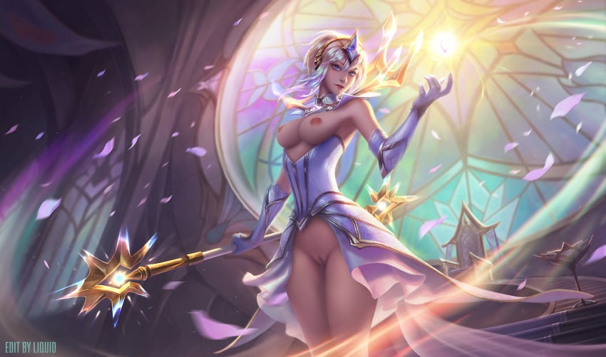 alternate_costume areolae brazier breasts crown crystal dress edit elementalist_lux female gloves league_of_legends luxanna_crownguard md5_mismatch medium_breasts nipples official_art petals pussy resized stained_glass throne tiara uncensored wand white_dress