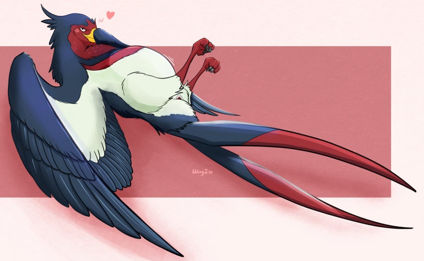 animal_genitalia avian bird blush cloaca female feral generation_3_pokemon genitals hi_res lying nintendo nippleless on_back pokemon pokemon_(species) pregnant pregnant_female presenting solo swellow wingz31