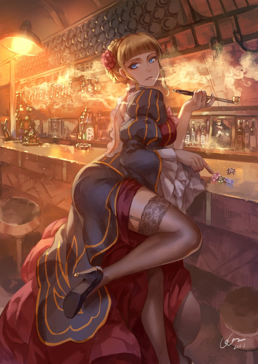 07th_expansion 1girls bar_stool beato beatrice_(umineko) blonde_hair blue_eyes flower flower_in_hair garter_belt garter_straps high_heels not_porn pipe poker_chip seacats sitting smoking_pipe stockings thighs umineko_no_naku_koro_ni when_they_cry