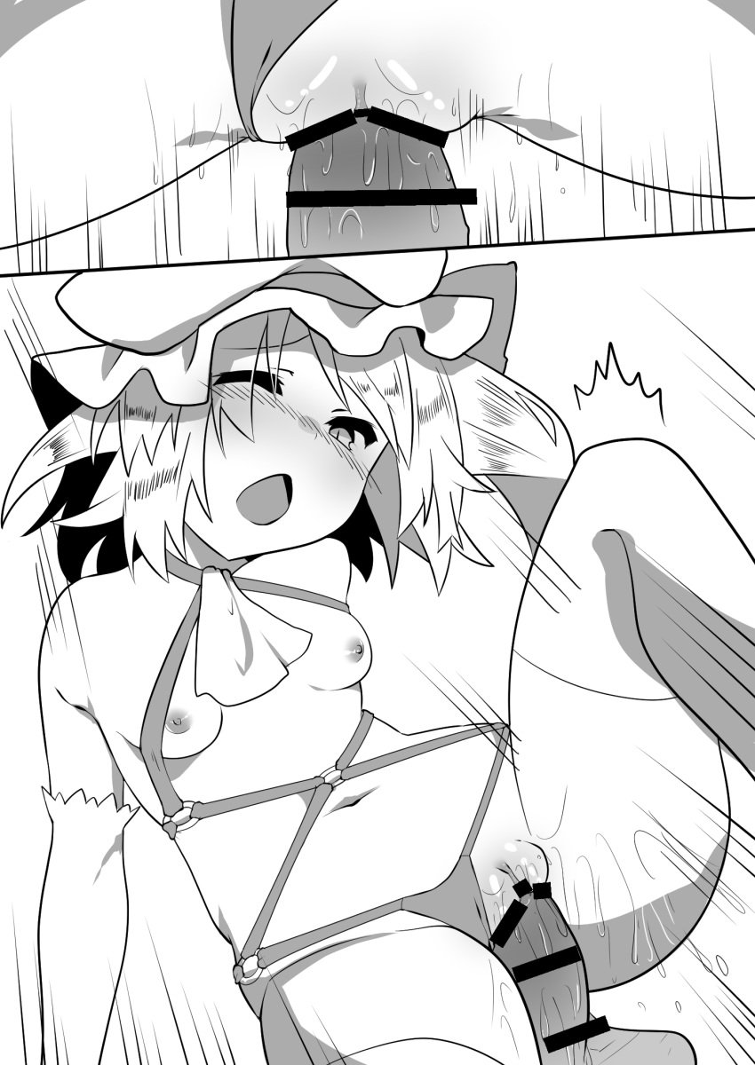 1boy ascot bangs bar_censor bare_shoulders blush breasts censored eyebrows_visible_through_hair female flandre_scarlet greyscale hat highres kz_oji mob_cap monochrome navel nipples nose_blush one_eye_closed open_mouth penis pussy sex side_ponytail slit_pupils small_breasts straight thighhighs touhou vaginal_penetration