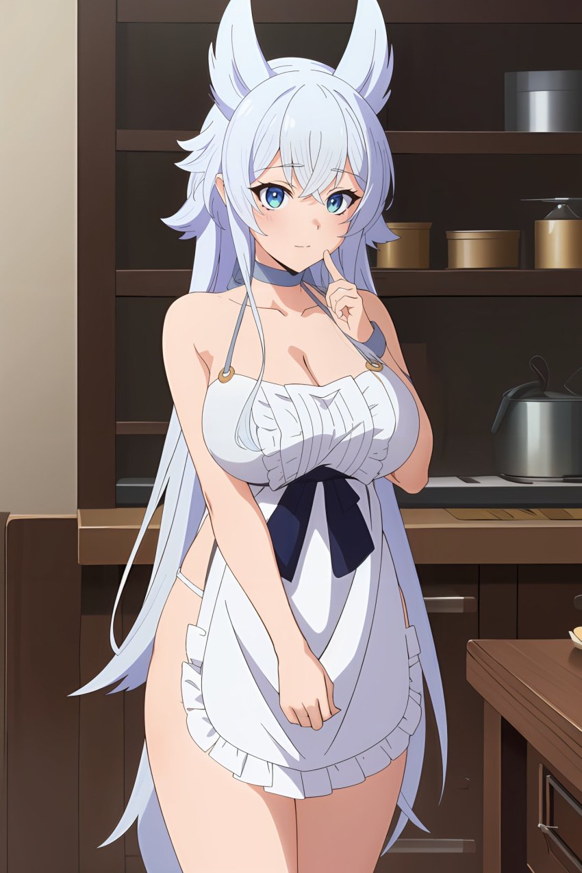 1female 1girls ahoge ai_generated apron bangs big_breasts blue_eyes breasts commentary_request english_commentary female female_only fenrys indoors light-skinned_female light_skin long_hair lv2_kara_cheat_datta_motoyuusha_kouho_no_mattari_isekai_life maid_apron silver_hair solo solo_female tagme very_long_hair wolf_ears wolf_girl wolf_humanoid