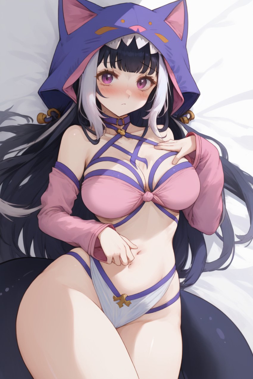 ai_generated blue_hair cetacean_tail hood huge_breasts long_hair nude on_bed orca_girl ricochetk shylily tail virtual_youtuber vtuber wide_hips