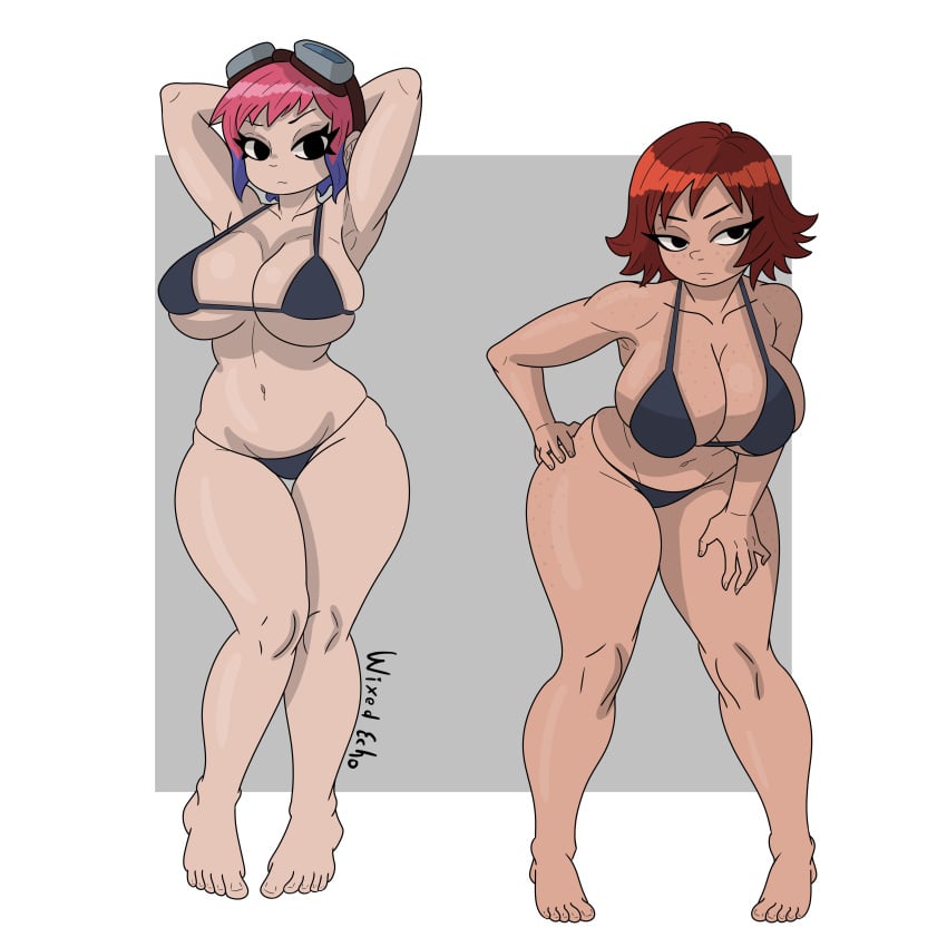 2girls armpits arms_behind_head arms_up black_eyes black_underwear female female_only freckles freckles_on_breasts freckles_on_face freckles_on_shoulders freckles_on_thighs goggles goggles_on_head hand_on_hip huge_breasts kim_pine pawg pink_hair purple_hair ramona_flowers red_hair scott_pilgrim short_hair two_tone_hair underwear wixedecho