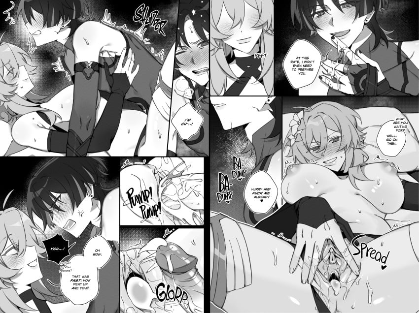 1boy 1girls absurd_res angry areolae black_and_white blush blushing_at_partner blushing_profusely breasts comic cum cum_in_pussy cum_inside cumbucket cumming cumming_inside english_text female genshin_impact hoyoverse lumine_(genshin_impact) majunjuu male male_with_painted_nails monochrome nipples penetration penis premature_ejaculation presenting pumping_cum pussy pussy_juice scaramouche_(genshin_impact) sex spreading spreading_pussy straight tease teasing twitch_lines twitching uncensored