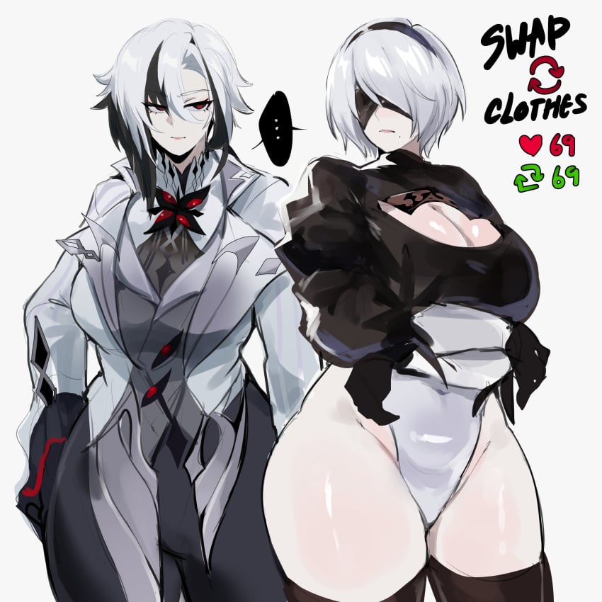 2girls arlecchino_(genshin_impact) blindfold breasts cleavage female female_only genshin_impact high_resolution kurenaiz1 large_breasts leotard light-skinned_female light_skin nier:_automata thighs very_high_resolution wide_hips yorha_2b